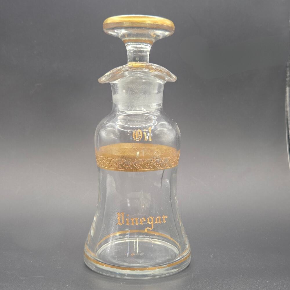 Antique Oil & Vinegar Etched Glass Cruet Vinaigrette Bottle with Glass Stopper